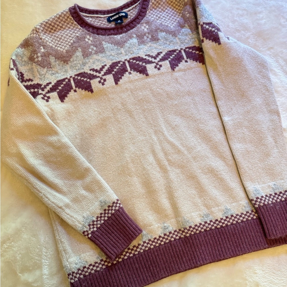 Lands' End Cream and Purple Fair Isle Sweater